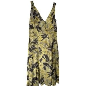 Touche Yellow Floral V-Neck Midi Dress Smocked Back Sleeveless Size 10 849808